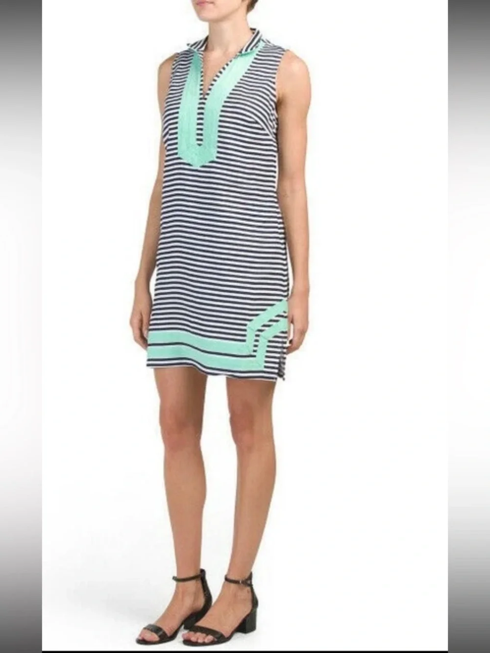 SAIL TO SABLE Linen Classic Sleeveless TUNIC DRESS Navy Stripe Mint M